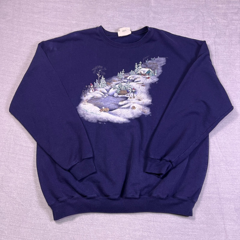 VTG Northern Reflections Womens Blue Winter Graphic Crewneck Pullover Sweatshirt